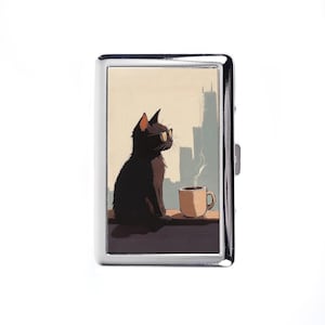 Vintage Metal Cigarette Case Art Nouveau Cat Drinking Coffee Metal Wallet Storage Box