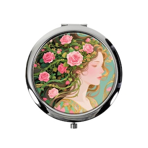 Espejo de maquillaje de niña con rosas en la cabeza estilo Art Nouveau, espejo de bolsillo con pequeño espejo redondo para mujer, de mano y portátil.