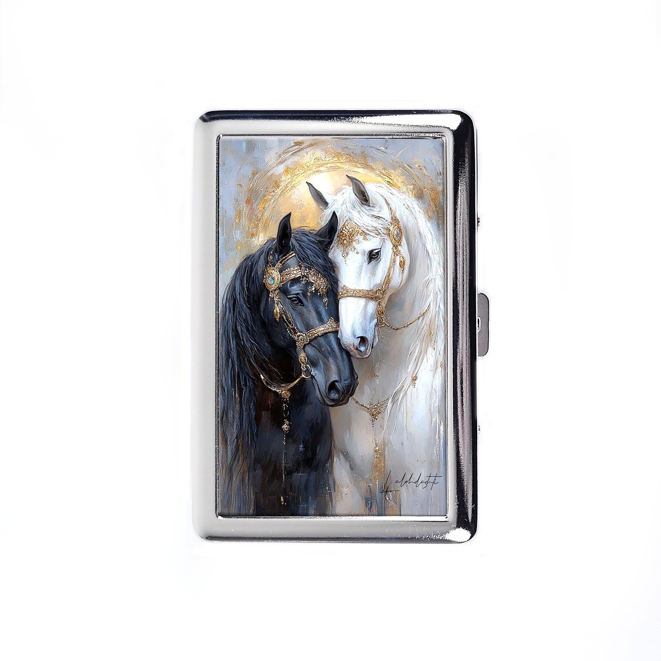 Vintage Metal Cigarette Case Gold Decorated Horse Metal Wallet Storage Box 