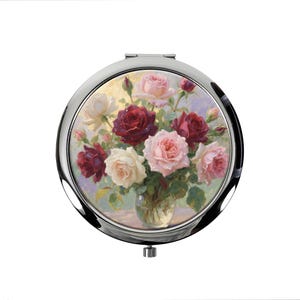 Espejo de maquillaje estilo Art Nouveau con rosas florecientes, espejo redondo pequeño de bolsillo de mano, espejo portátil