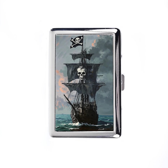 pirate cigarette case Vintage Metal Cigarette Case Caribbean Pirate Ship Metal Wallet Storage Box