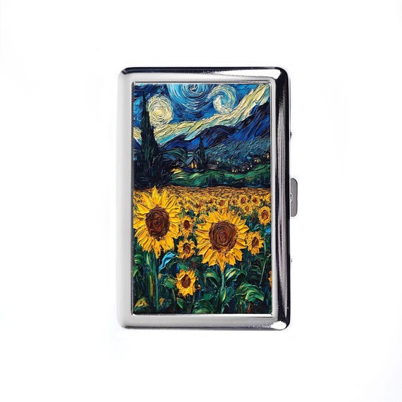 sunflower cigarette case Vintage Metal Cigarette Case Art Nouveau Starry Night Over the Sunflower  Field Metal Wallet Storage Box