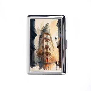 Vintage Metal Cigarette Case Art Nouveau Style City Street Metal Wallet Organizer