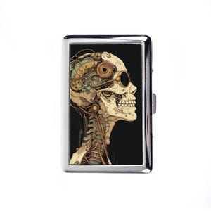 Vintage Metal Wallet Box Cigarette Case Steampunk Style Mechanical Skull illustration, Small Storage Box, Small Gift For Friends