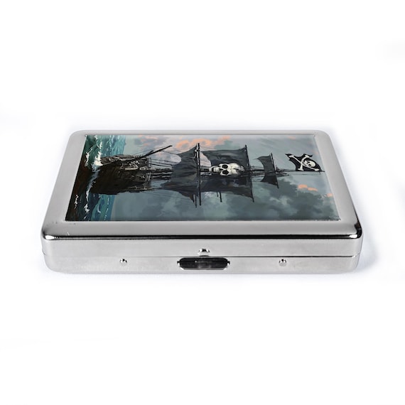 Vintage Metal Cigarette Case Caribbean Pirate Ship Metal Wallet Storage Box 