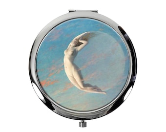 Albert Aublet Moon Goddess Round Makeup Mirror Or Medicine Box, Small And Exquisite Gift, Compact Mirror,Storage Box, Pill Case, Pill Holder
