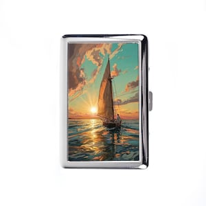 Vintage Metal Cigarette Case Art Nouveau Style Sailing Boat Boy Metal Wallet Storage Box