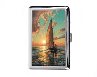 Vintage Metal Cigarette Case Art Nouveau Style Sailing Boat Boy Metal Wallet Storage Box