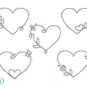 May include: Five heart-shaped line drawings with floral and leaf accents. Each heart has a different design, including roses, leaves, and swirls. The drawings are in black and white, with a dotted line indicating the path to draw the heart.