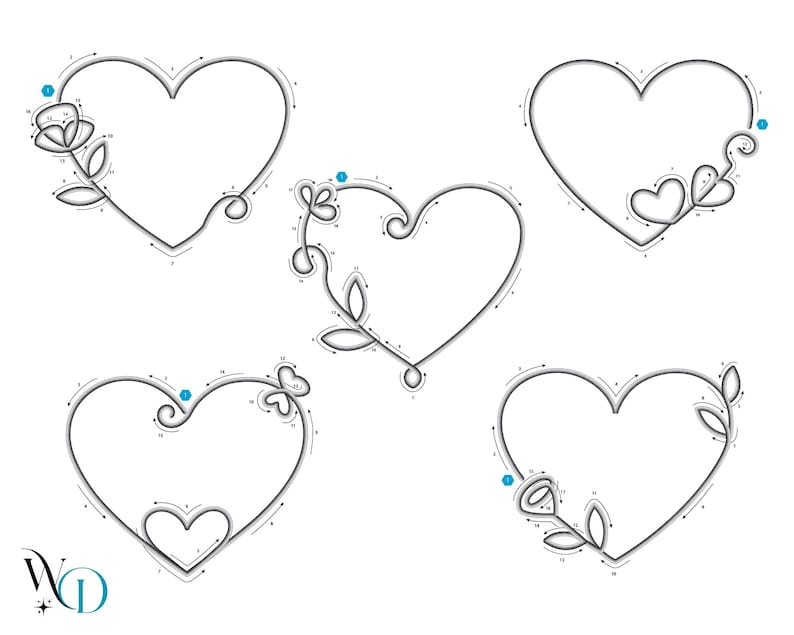 May include: Five heart-shaped line drawings with floral and leaf accents. Each heart has a different design, including roses, leaves, and swirls. The drawings are in black and white, with a dotted line indicating the path to draw the heart.