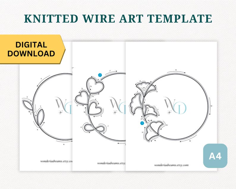 May include: Digital download of three A4-sized art templates. Each template features a circular wire art design with different botanical and heart-shaped elements. The text "KNITTED WIRE ART TEMPLATE" and "DIGITAL DOWNLOAD" are visible.