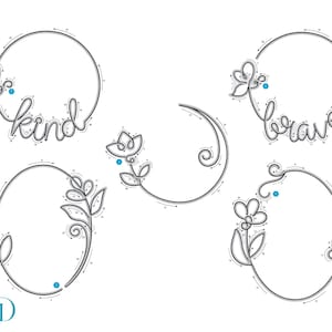 May include: A collection of line art designs featuring floral and circular elements. The designs include the words "kind" and "brave" within circular frames, along with other floral and decorative shapes. The color palette is primarily black and white.