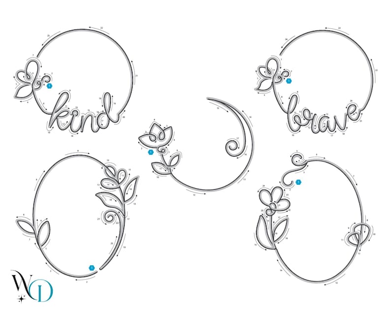 May include: A collection of line art designs featuring floral and circular elements. The designs include the words "kind" and "brave" within circular frames, along with other floral and decorative shapes. The color palette is primarily black and white.
