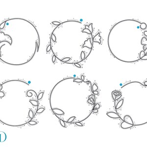 May include: Six circular line art designs with floral and botanical elements. Each circle features a different arrangement of leaves, flowers, and decorative shapes. The designs are in black and white, with numbered dots indicating a connect-the-dots activity.