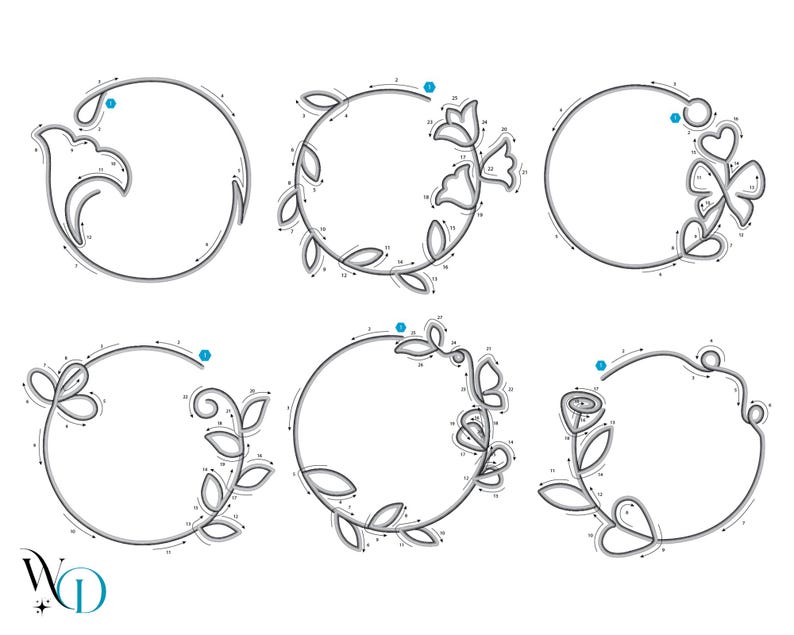 May include: Six circular line art designs with floral and botanical elements. Each circle features a different arrangement of leaves, flowers, and decorative shapes. The designs are in black and white, with numbered dots indicating a connect-the-dots activity.