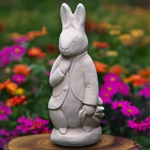 Puede incluir: Estatua de conejo color piedra, vestida con una chaqueta y sosteniendo una peque&ntilde;a bolsa. El conejo est&aacute; sobre una superficie de madera, con un colorido jard&iacute;n de flores al fondo. La estatua mide unos 30 cm de altura.