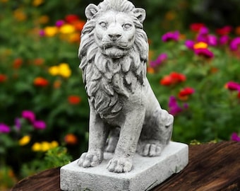 Concrete lion statue Sitting stone lion sculpture Garden guardian figure Outdoor yard ornament Handmade animal decor King of jungle gift