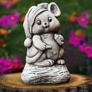 Stone mouse with hat statue Concrete mouse sculpture Cement animal decor Garden mouse figurine Outdoor mouse ornament Garden mouse statue