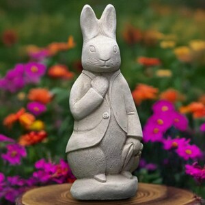Estatua única de conejo blanco Escultura de Peter Rabbit de hormigón Figura de animal para exteriores Adorno de conejo de piedra Conejo hecho a mano Arte conmemorativo de mascotas imagen 7