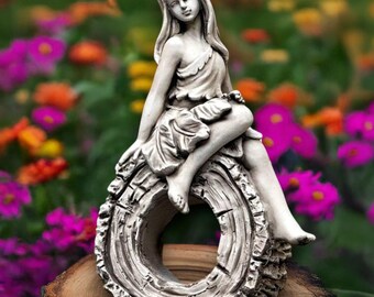 Forest nymph statue Enchanted woodland fairy sculpture Concrete spirit figurine Stone dryad decoration Handmade girl art Memorial girl decor