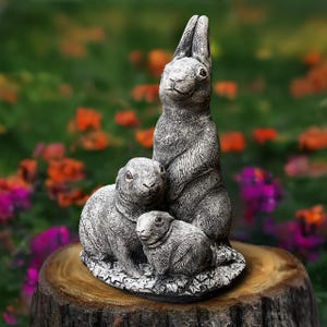 Concrete family rabbit statue Cement bunnies sculpture Stone pet decoration Garden rabbit figurine Handmade rabbit art Bunny lover gift
