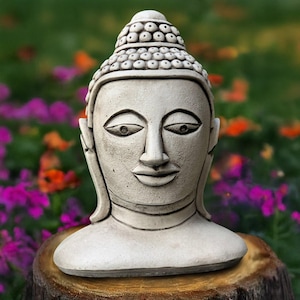 Concrete Buddha head bust Stone Asian sculpture Outdoor zen statue Spiritual garden decor Handcrafted meditation figure Cement yard ornament