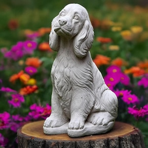 Stone dog sculpture Sitting spaniel Ornament for yard Puppy figurine Cute concrete decoration Outdoor pet memorial Cement statue for garden
