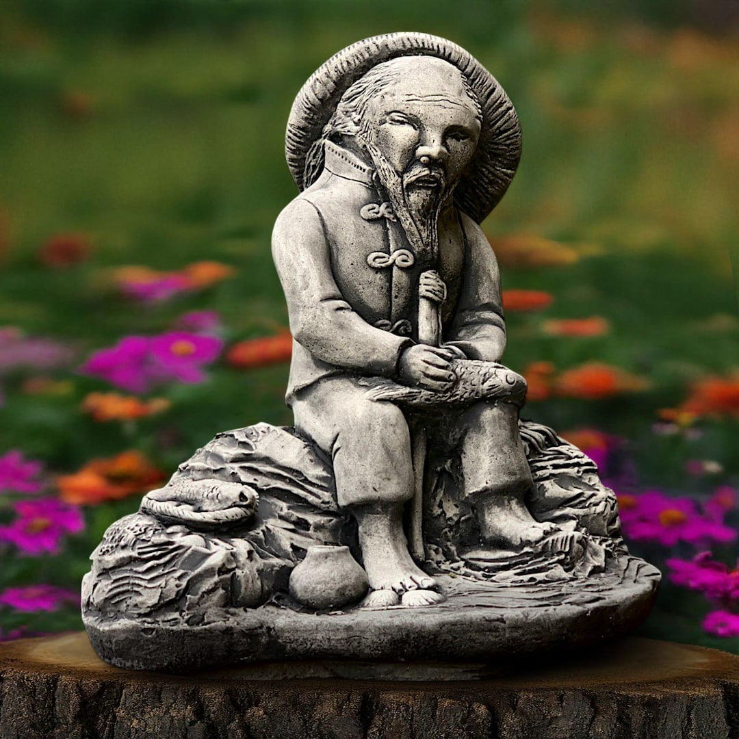 Statua Da Giardino Asiatico Pescatore In Arenaria: 46 Cm, Resistente Al Gelo, Decorazione Per Laghetto, Terrazza, Thailandia - 2