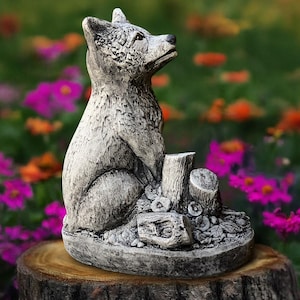 Stone fox statue Woodland fox decoration Cement fox sculpture Nature fox figurine Outdoor animal ornament Handmade fox art Front door decor