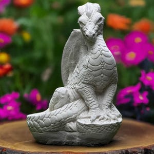 Stone dragon statue Garden ornament Medieval sculpture Concrete creature Outdoor decor Sitting guardian Figurine for yard Dragon lover gift