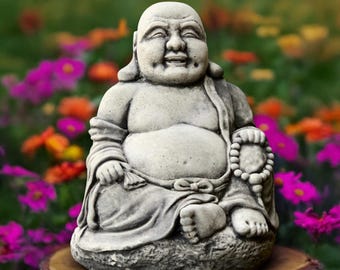 Large Buddha statue Concrete Buddha sculpture Japanese smiling Buddha figurine Zen garden decoration Handmade Buddha art Asian ornament