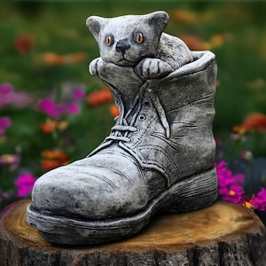 Concrete cat in shoe sculpture Cement kitty statue Outdoor kitten figurine Stone pet ornament Kitty lover gift Handmade cat art Animal decor