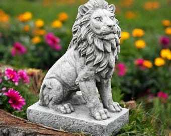 Concrete lion statue Stone sitting lion sculpture Garden guardian ornament Outdoor yard decor Cement animal figure Handmade lion gift