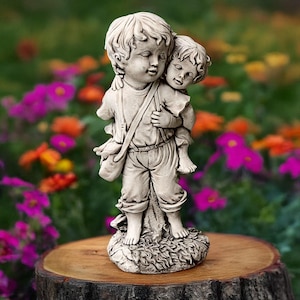 Stone children statue Concrete girl and boy figurine Childhood scene figure Outdoor kids sculpture Cement garden decor Yard lawn ornament