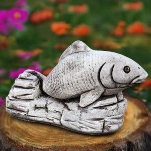 Stone fish statue Concrete garden fish sculpture Outdoor pond decor Nautical ornament Koi fish figurine Zen garden accent Fish lover gift