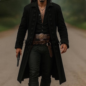 Puede incluir: Un abrigo largo negro con múltiples botones, usado sobre una camisa negra y vaqueros oscuros. Se ve un cinturón de cuero marrón con una hebilla decorativa y una funda. La persona sostiene una pistola negra.