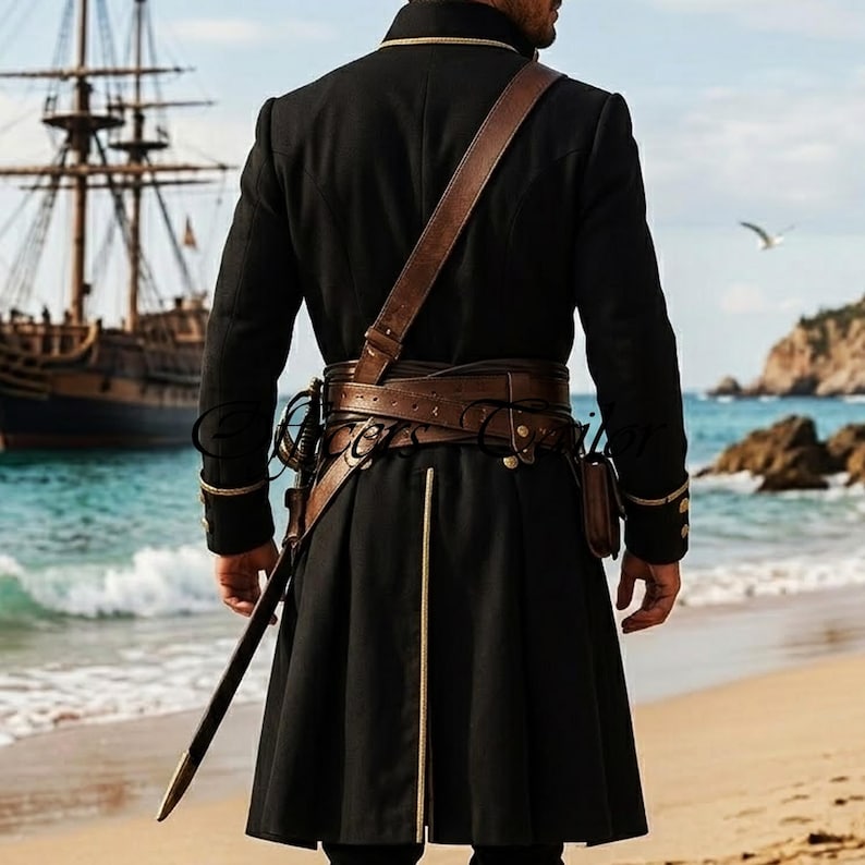 Pirate Captain Coat, Men’s Pirate Coat, Black Pirate Coat, Pirate Jacket Men, Buccaneer Coat, 18th Century Coat, Pirate Captain Jacket, Historical Pirate Coat, Gothic Pirate Coat, Renaissance Pirate, LARP Pirate Costume, Naval Officer Coat, Black Long Coat, Pirate Cosplay Coat, Buccaneer Costume, Historical Costume, Pirate Festival Outfit, Renaissance Costume, Gothic Long Jacket, Pirate Reenactment back view