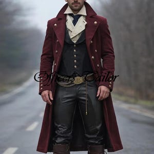 Pirate Frock Coat, Jack Sparrow Captain, Fashion Victorian Steampunk Maroon Wool