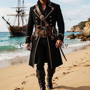 Pirate Captain Coat, Men’s Pirate Coat, Black Pirate Coat, Pirate Jacket Men, Buccaneer Coat, 18th Century Coat, Pirate Captain Jacket, Historical Pirate Coat, Gothic Pirate Coat, Renaissance Pirate, LARP Pirate Costume, Naval Officer Coat, Black Long Coat, Pirate Cosplay Coat, Buccaneer Costume, Historical Costume, Pirate Festival Outfit, Renaissance Costume, Gothic Long Jacket, Pirate Reenactment front side