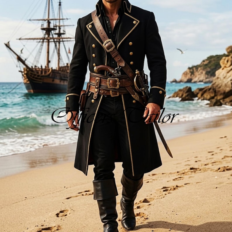 Pirate Captain Coat, Men’s Pirate Coat, Black Pirate Coat, Pirate Jacket Men, Buccaneer Coat, 18th Century Coat, Pirate Captain Jacket, Historical Pirate Coat, Gothic Pirate Coat, Renaissance Pirate, LARP Pirate Costume, Naval Officer Coat, Black Long Coat, Pirate Cosplay Coat, Buccaneer Costume, Historical Costume, Pirate Festival Outfit, Renaissance Costume, Gothic Long Jacket, Pirate Reenactment front side