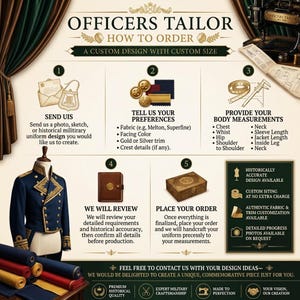 May include: An infographic titled OFFICERS TAILOR HOW TO ORDER detailing a five-step process for custom military uniform creation. It features icons for design submission, fabric preferences, body measurements, review, and order placement, alongside a navy blue uniform jacket.