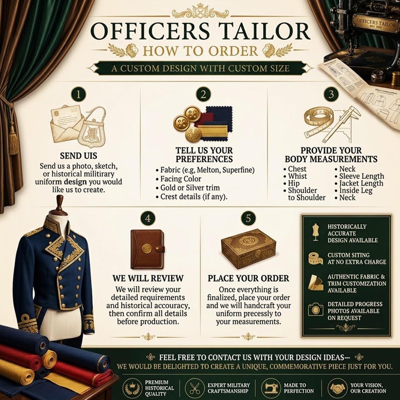 May include: An infographic titled OFFICERS TAILOR HOW TO ORDER detailing a five-step process for custom military uniform creation. It features icons for design submission, fabric preferences, body measurements, review, and order placement, alongside a navy blue uniform jacket.