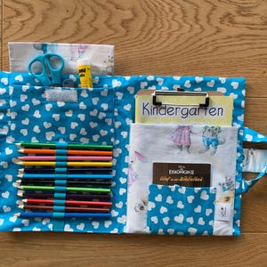 Petit sac de peinture pour enfants bleu Bunny Bunny incl. presse-papiers, dossier de peinture, dossier de dessin cousu à la main, sac à crayons, sac en tissu, peinture en déplacement