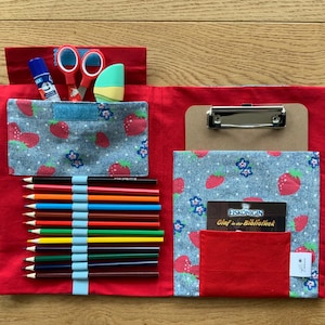 Petit sac de peinture pour enfants Fraises incl. presse-papiers, dossier de peinture, dossier de dessin cousu à la main, sac à crayons, sac en tissu, peinture en déplacement, fraise