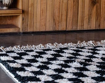 Large black and white checkered rug, Checkered area rug -Checkerboard Rug -beniourain rug, Moroccan Berber checkered rug, Soft Colored Rug