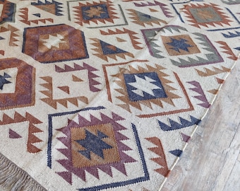 Kilim Rug, Handmade Kilim Dhurrie Rug, Wool and Jute Rug, Traditional Inidan Wool Jute Rug