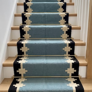 Blue Ivory Handmade Wool Runner Rug, Handwoven Geometric Hallway Runner, Scandinavian Stair Runner, Modern Wool Rug