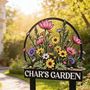 May include: A black metal garden sign with a floral design and the text "CHAR'S GARDEN." The sign features a variety of colorful flowers, including pink, yellow, purple, and white blooms, set against a backdrop of green foliage.