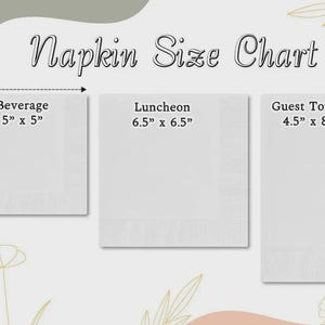 May include: A white napkin size chart with three napkin sizes: Beverage (5" x 5"), Luncheon (6.5" x 6.5"), and Guest Towel (4.5" x 8"). The text "Napkin Size Chart" is at the top. The napkins are white with a textured border.