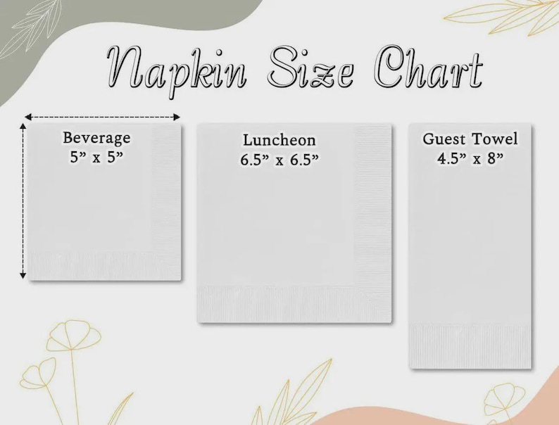 May include: A white napkin size chart with three napkin sizes: Beverage (5" x 5"), Luncheon (6.5" x 6.5"), and Guest Towel (4.5" x 8"). The text "Napkin Size Chart" is at the top. The napkins are white with a textured border.
